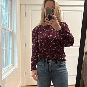 Ann Taylor Burgundy Floral Long Sleeve Top